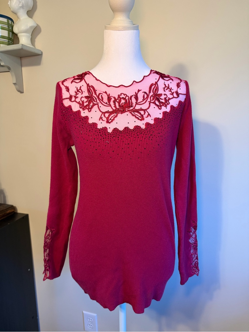 Vintage 90s Gothic Oliver.O Embroidered Fuchsia Long-Sleeve Women's Top
